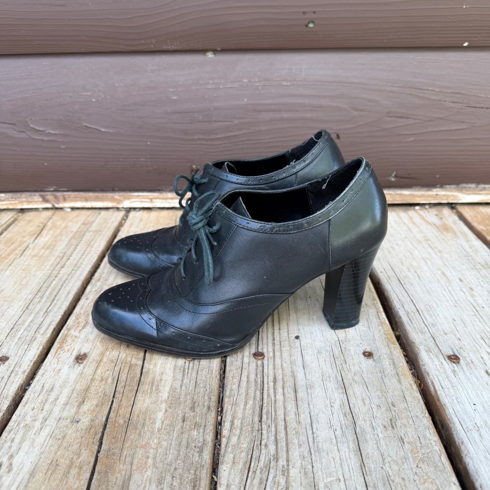 Connie Oxford Heels Womens 7.5 Black Leather Wingtip Lace Up Block Heel Shoes